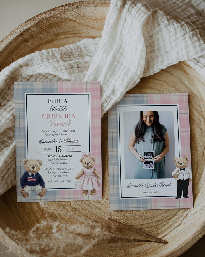Polo Teddy Bear Gender Reveal invitation Template with Blue and Pink Tartan Plaid Vintage Classic Baby Party Luxury Polo Bear Theme #068rl - TheLovebirdsDesign