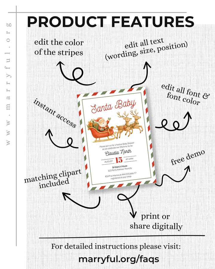 Santa Baby Christmas Baby Shower Invitation Suite with Santa Claus in a Sleigh with his Reindeers December Baby Shower Invite Template #072 - TheLovebirdsDesign