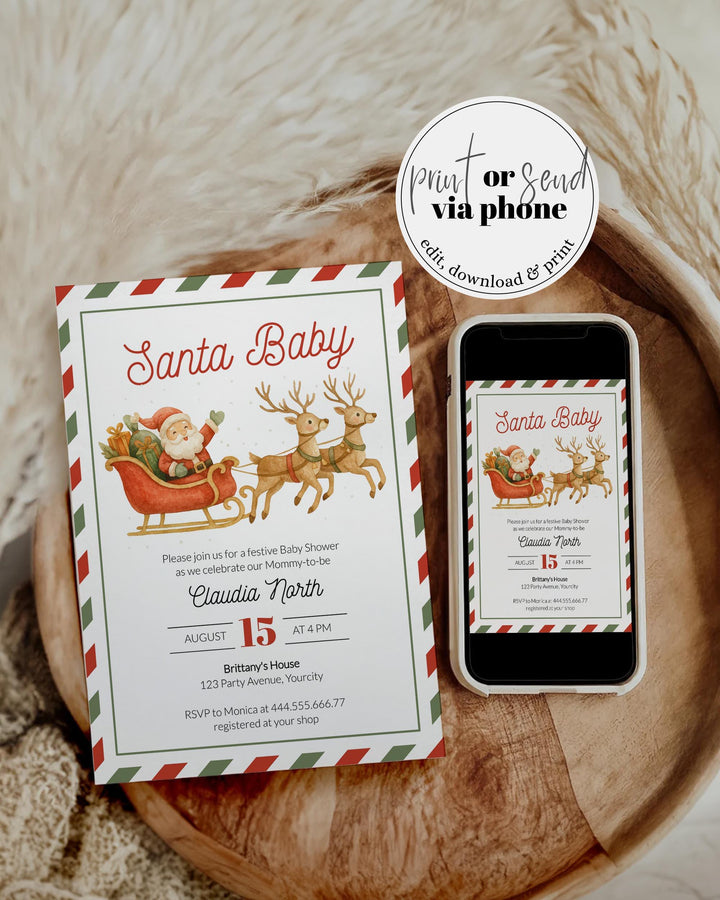 Santa Baby Christmas Baby Shower Invitation Suite with Santa Claus in a Sleigh with his Reindeers December Baby Shower Invite Template #072 - TheLovebirdsDesign