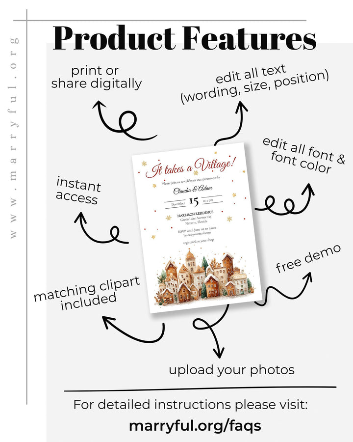 Christmas Baby Shower Invitation Suite for an It takes a Village Baby Shower with Gingerbread Houses Gender Neutral Editable Template #072 - TheLovebirdsDesign