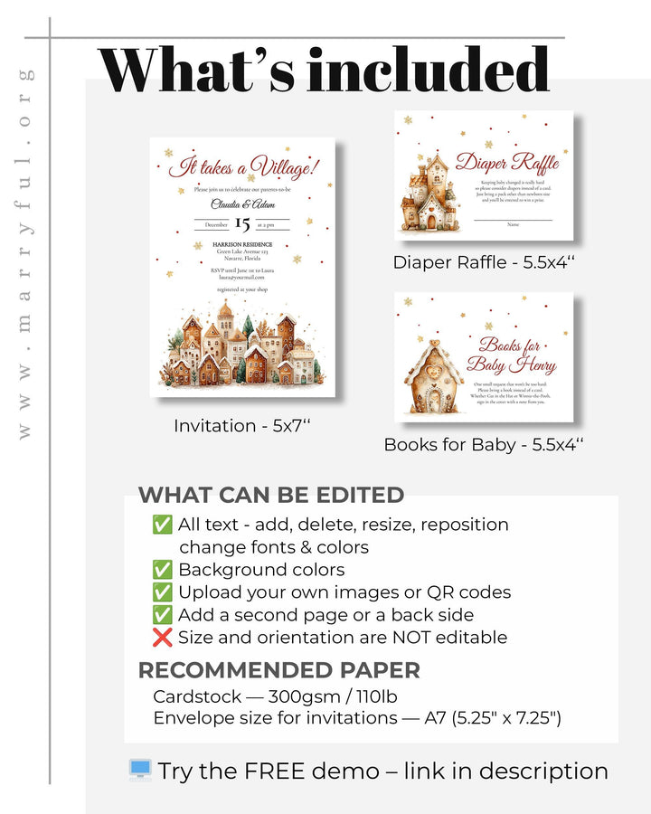Christmas Baby Shower Invitation Suite for an It takes a Village Baby Shower with Gingerbread Houses Gender Neutral Editable Template #072 - TheLovebirdsDesign