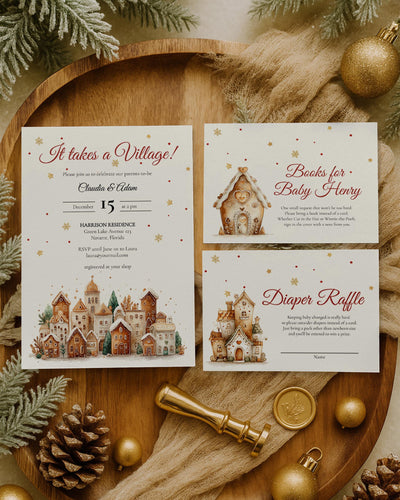 Christmas Baby Shower Invitation Suite for an It takes a Village Baby Shower with Gingerbread Houses Gender Neutral Editable Template #072 - TheLovebirdsDesign
