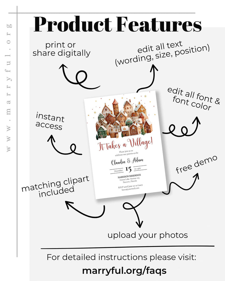 Winter Baby Shower Invitation It Takes a Village Baby Shower Invite Template for December Nesting Party Boys or Girls #072 - TheLovebirdsDesign
