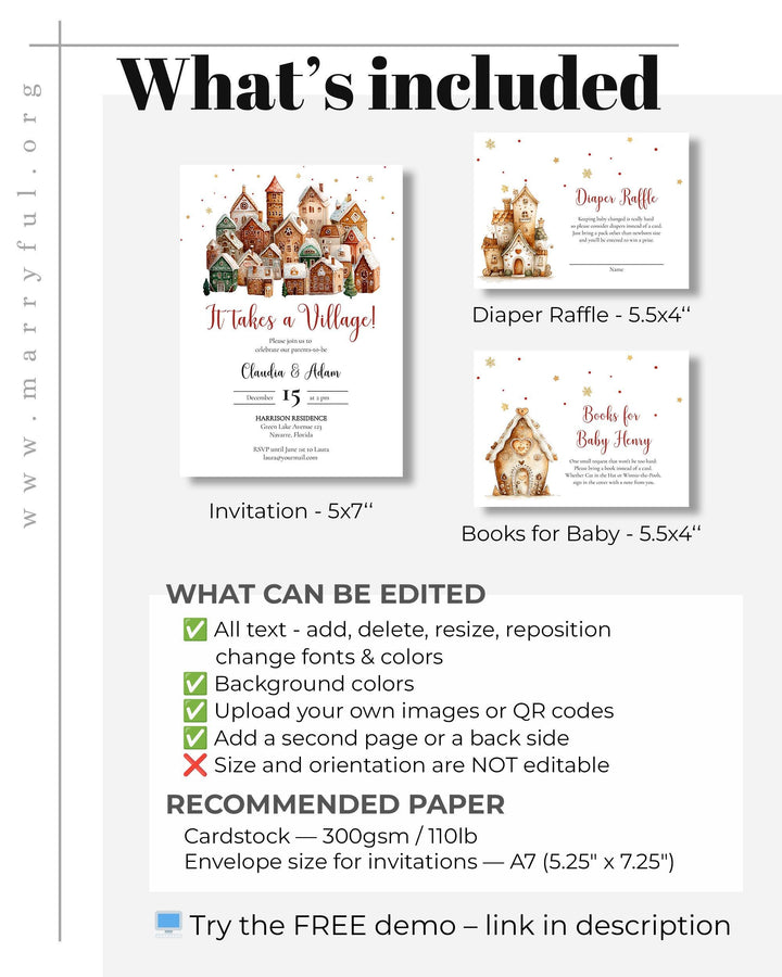 Winter Baby Shower Invitation It Takes a Village Baby Shower Invite Template for December Nesting Party Boys or Girls #072 - TheLovebirdsDesign
