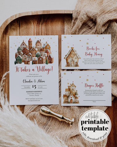 Winter Baby Shower Invitation It Takes a Village Baby Shower Invite Template for December Nesting Party Boys or Girls #072 - TheLovebirdsDesign