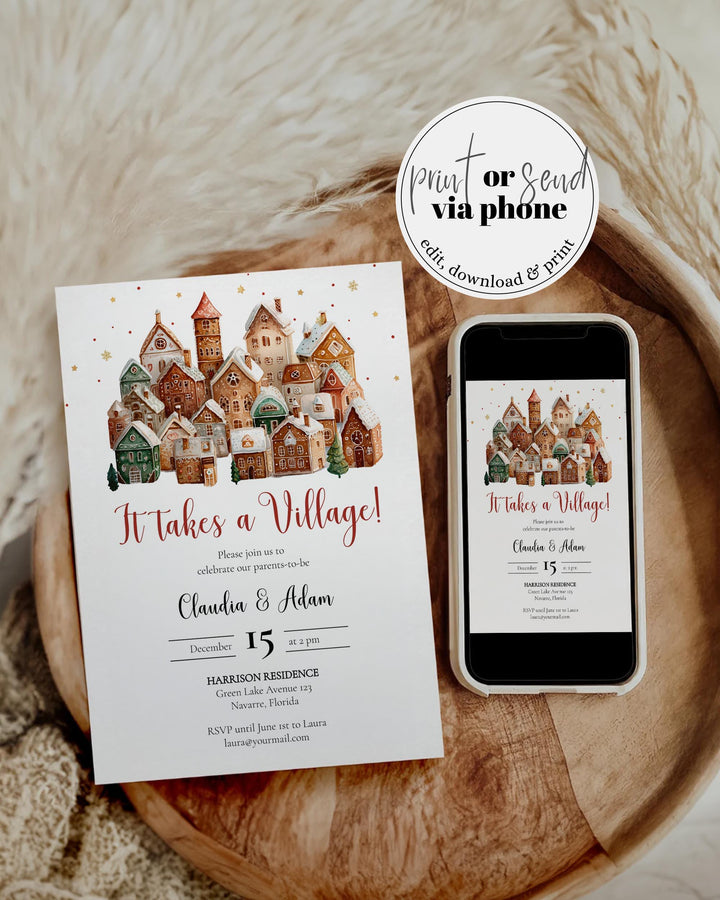 Winter Baby Shower Invitation It Takes a Village Baby Shower Invite Template for December Nesting Party Boys or Girls #072 - TheLovebirdsDesign