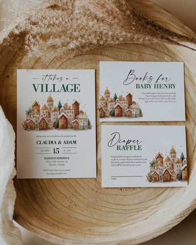 It takes a Village Baby Shower Invitation Template with Gingerbread Houses for a Christmas Baby Party in December #072 - TheLovebirdsDesign