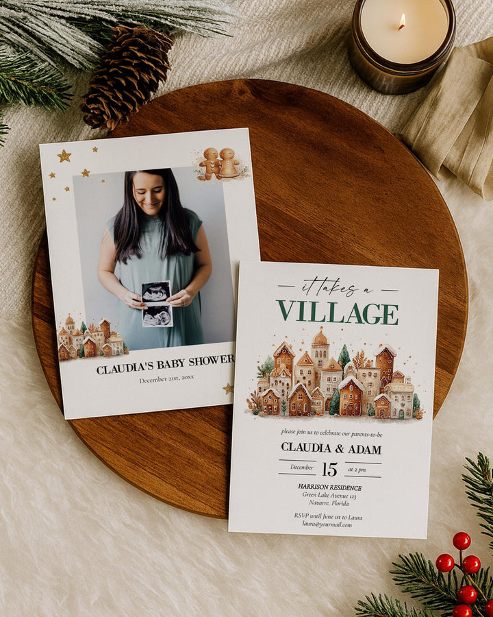 It takes a Village Baby Shower Invitation Template with Gingerbread Houses for a Christmas Baby Party in December #072 - TheLovebirdsDesign
