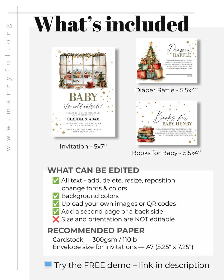 Baby it's cold outside Winter Baby Shower Invitation Template for a Christmas themed Baby Party #072 - TheLovebirdsDesign