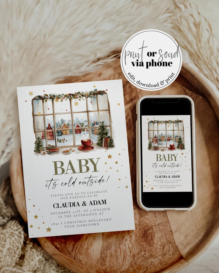 Baby it's cold outside Winter Baby Shower Invitation Template for a Christmas themed Baby Party #072 - TheLovebirdsDesign