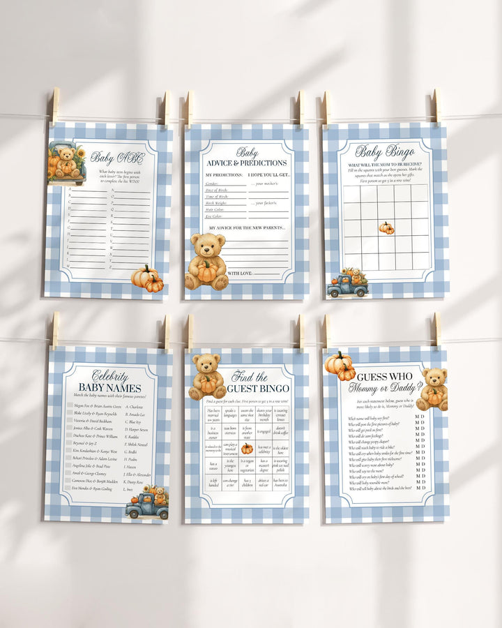 Fall Pumpkin Bear on Truck Baby Shower Game Bundle for Boys Thanksgiving Baby Party Printable Games Templates #068pu - TheLovebirdsDesign