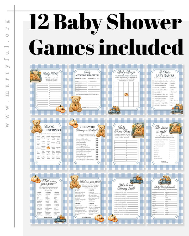 Fall Pumpkin Bear on Truck Baby Shower Game Bundle for Boys Thanksgiving Baby Party Printable Games Templates #068pu - TheLovebirdsDesign