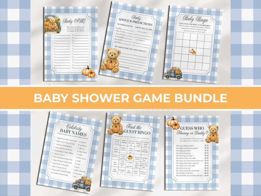 Fall Pumpkin Bear Baby Shower Game Bundle: Boy Thanksgiving Blue Truck Party Template 013PU-GAMEB - marryful.org