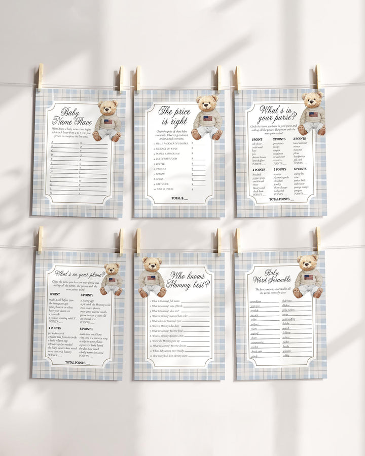 Blue Polo Teddy Bear Baby Shower Game Bundle for Boys Luxury Bear Baby Shower Editable Printable Game Templates #068bl - TheLovebirdsDesign