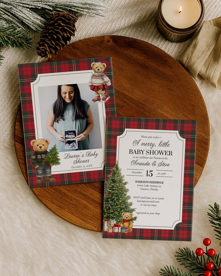Christmas Bear Baby Shower Invitation Vintage Heritage Luxury Baby Shower Invite Template Teddy Bear Theme #068ch - TheLovebirdsDesign