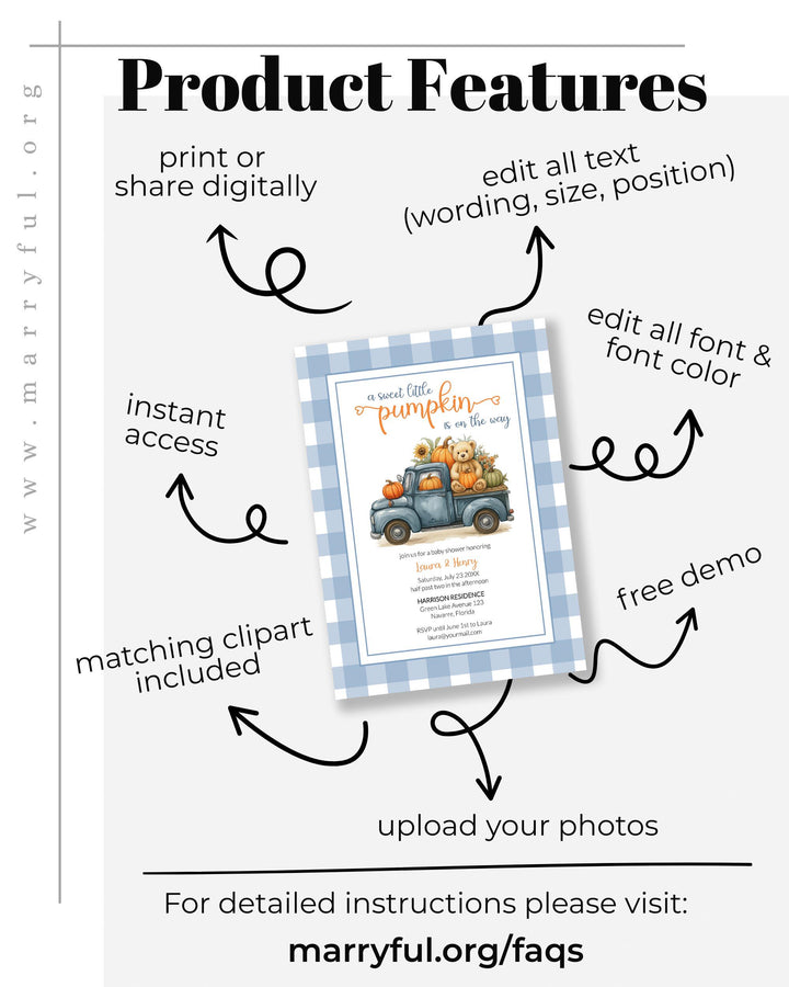 Fall Pumpkin Bear Baby Shower Invitation for Boys on a Truck – Thanksgiving Baby Shower Invite Template Blue Orange Teddy Bear Theme #068pu - TheLovebirdsDesign