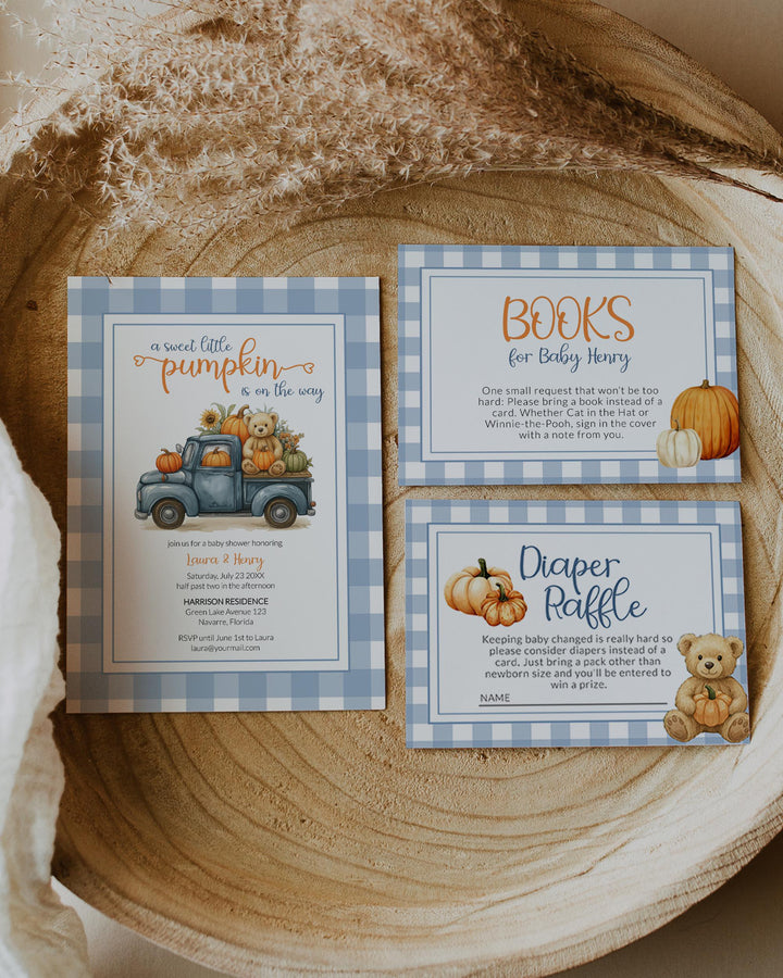 Fall Pumpkin Bear Baby Shower Invitation for Boys on a Truck – Thanksgiving Baby Shower Invite Template Blue Orange Teddy Bear Theme #068pu - TheLovebirdsDesign