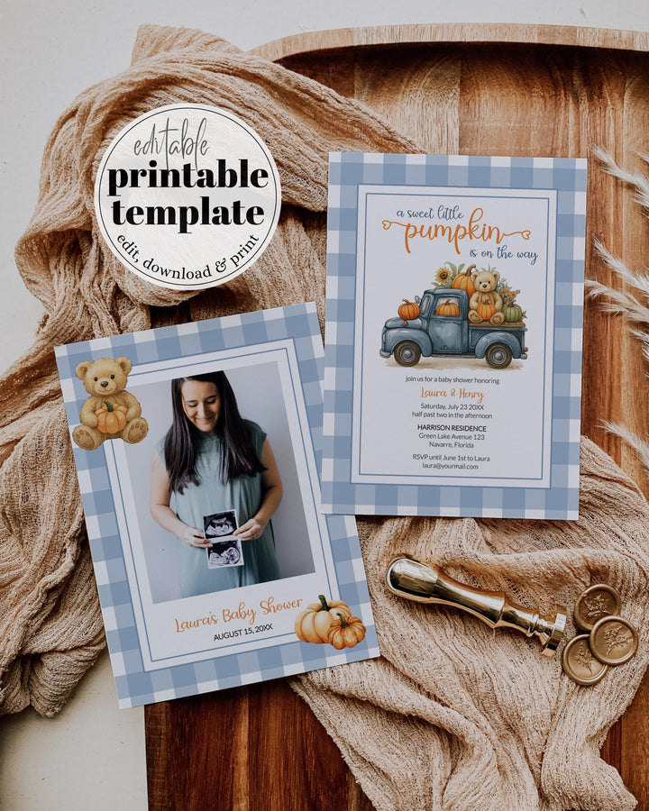 Fall Pumpkin Bear Baby Shower Invitation for Boys on a Truck – Thanksgiving Baby Shower Invite Template Blue Orange Teddy Bear Theme #068pu - TheLovebirdsDesign