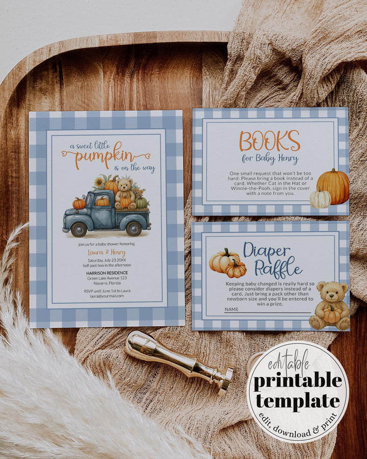 Fall Pumpkin Bear Baby Shower Invitation for Boys on a Truck – Thanksgiving Baby Shower Invite Template Blue Orange Teddy Bear Theme #068pu - TheLovebirdsDesign