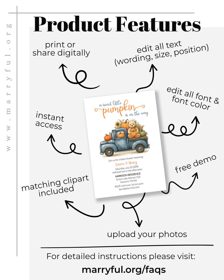 Fall Pumpkin Bear Baby Shower Invitation for Boys on a Truck – Thanksgiving Baby Shower Invite Template Teddy Bear Theme #068pu - TheLovebirdsDesign
