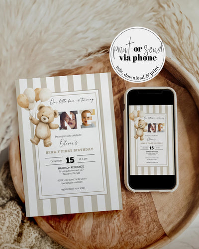 Beige Gender Neutral Teddy Bear First Birthday Invitation Template - Customizable with Photos #072be - marryful.org