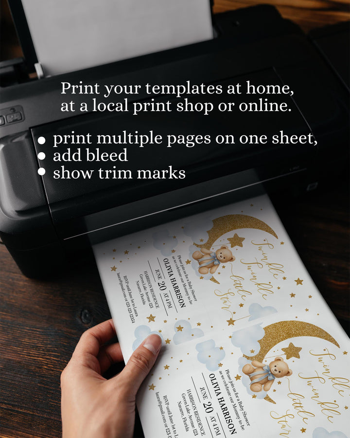 Twinkle Twinkle Little Star Baby Shower Invitation Template for Boys Blue We are over the Moon Baby Shower Suite with Teddy Bear #066 - TheLovebirdsDesign