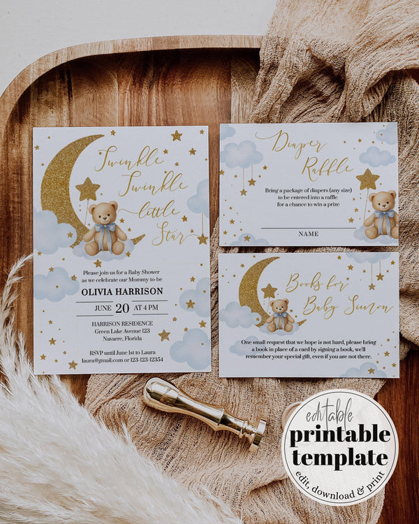 Twinkle Twinkle Little Star Baby Shower Invitation Template for Boys Blue We are over the Moon Baby Shower Suite with Teddy Bear #066 - TheLovebirdsDesign