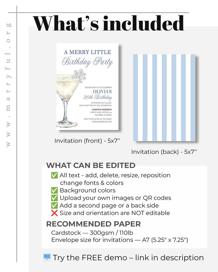 Merry Little Birthday Party Invitation Template with Winter Christmas Cocktail Theme Snow in Love Adult 30th Birthday Invite #072 - TheLovebirdsDesign