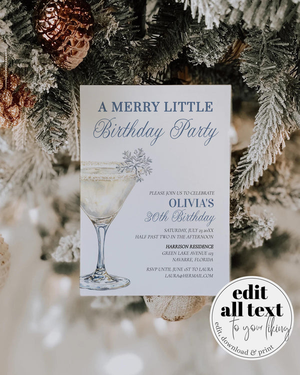 Merry Little Birthday Party Invitation Template with Winter Christmas Cocktail Theme Snow in Love Adult 30th Birthday Invite #072 - TheLovebirdsDesign