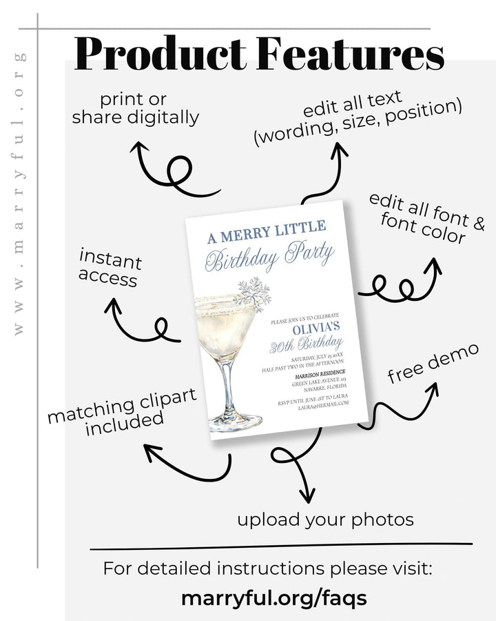 Merry Little Birthday Party Invitation Template with Winter Christmas Cocktail Theme Snow in Love Adult 30th Birthday Invite #072 - TheLovebirdsDesign