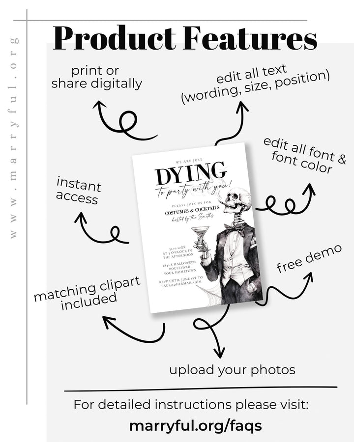 Halloween Party Invitation Template for Adults Featuring Vintage Style, Cocktails, and Costume Skeletons #072 - TheLovebirdsDesign