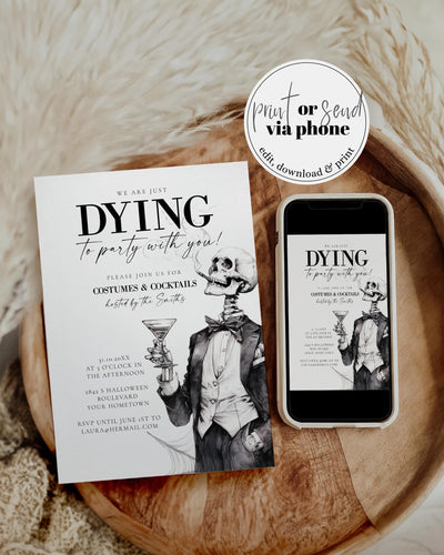 Halloween Party Invitation Template for Adults Featuring Vintage Style, Cocktails, and Costume Skeletons #072 - TheLovebirdsDesign