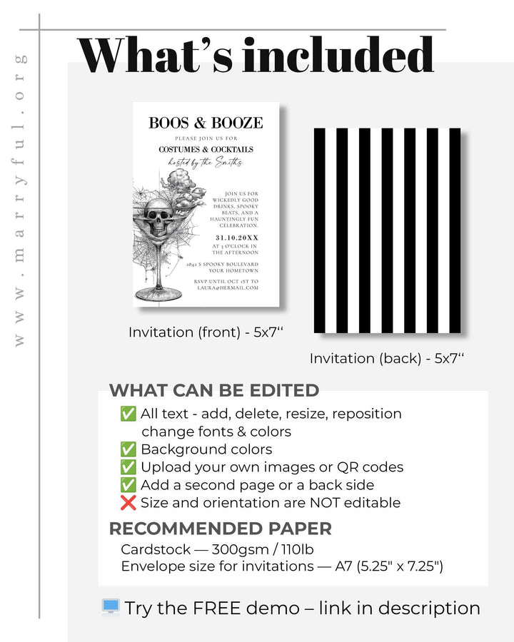 Vintage Halloween Cocktail Party Invitation Template for Adult Halloween Party with Cocktails, Costumes, and Skeleton Motif #072 - TheLovebirdsDesign