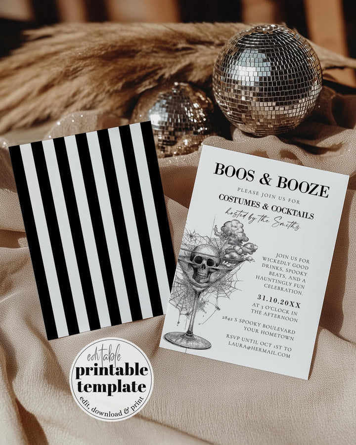 Vintage Halloween Cocktail Party Invitation Template for Adult Halloween Party with Cocktails, Costumes, and Skeleton Motif #072 - TheLovebirdsDesign