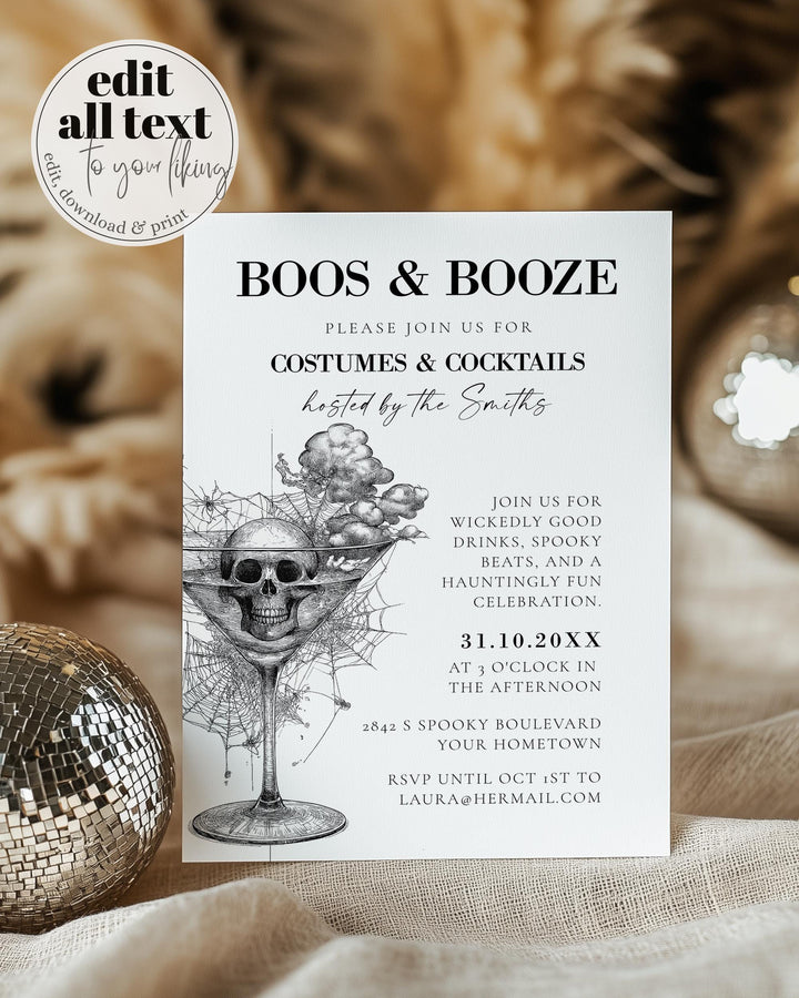 Vintage Halloween Cocktail Party Invitation Template for Adult Halloween Party with Cocktails, Costumes, and Skeleton Motif #072 - TheLovebirdsDesign
