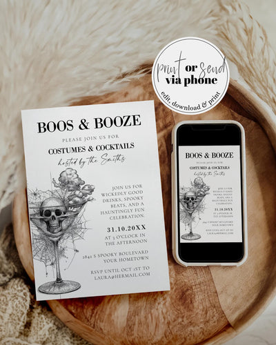 Boos and Booze Invitation, Costume Cocktail Party Invite, Skeleton Martini Printable Editable Template 057HW-INV3