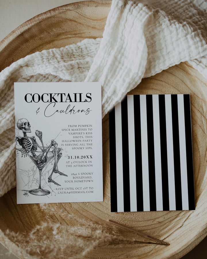 Adult Halloween Cocktail Party Invitation Template Vintage Gothic Halloween Costume Party Invite with Skeleton #072 - TheLovebirdsDesign