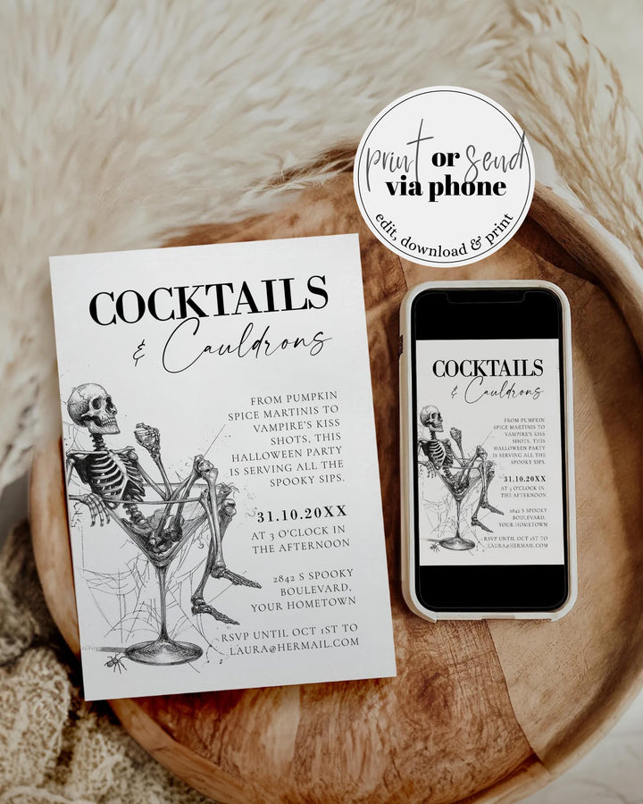 Adult Halloween Cocktail Party Invitation Template Vintage Gothic Halloween Costume Party Invite with Skeleton #072 - TheLovebirdsDesign
