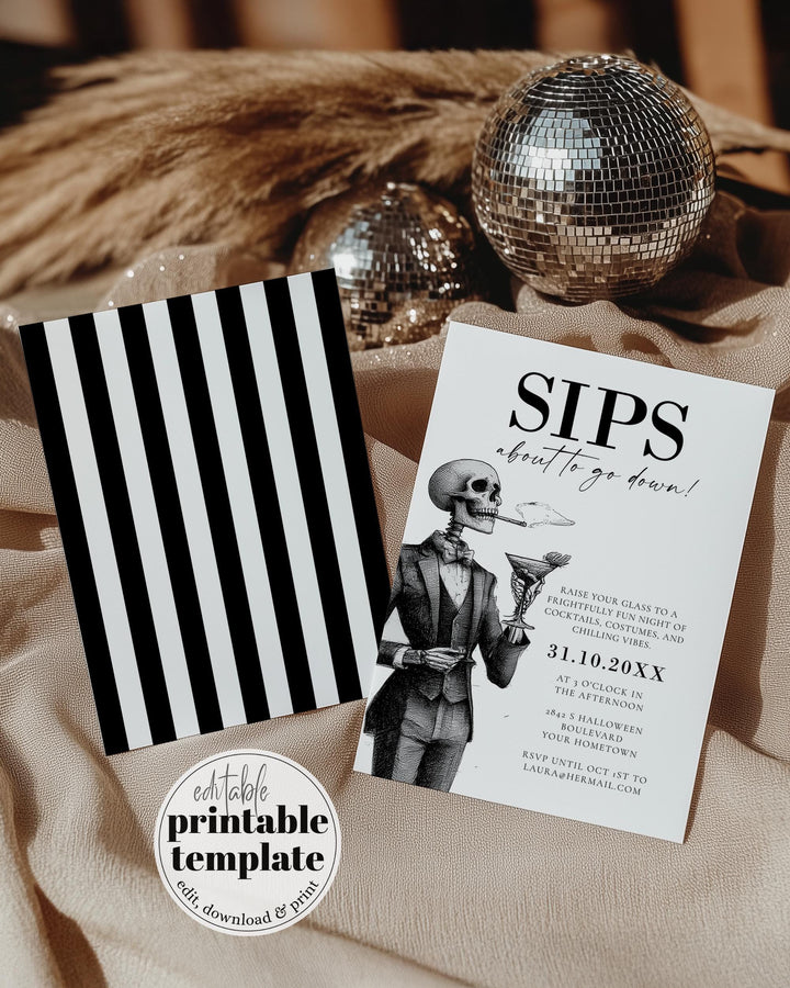 Vintage Halloween Party Invitation Template for Adult Costume Celebration with Cocktails and Skeletons #072 - TheLovebirdsDesign