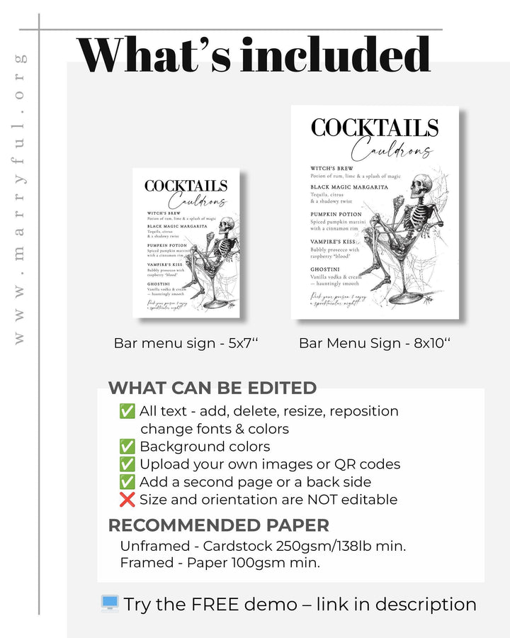 Vintage Gothic Halloween Cocktail Party Bar Menu Template with Skeleton Halloween Drinks Sign for Costume Party #072 - TheLovebirdsDesign