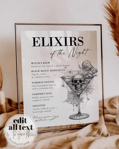 Halloween Bar Menu Sign, Elixirs of Night Drinks, Skeleton Martini Printable Editable Template 057HW-BAME