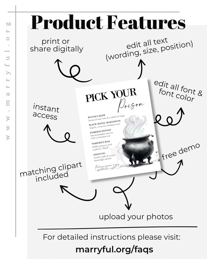 Halloween Cocktail Party Bar Menu Template Vintage Gothic Halloween Costume Party Sign with Skeleton #072 - TheLovebirdsDesign