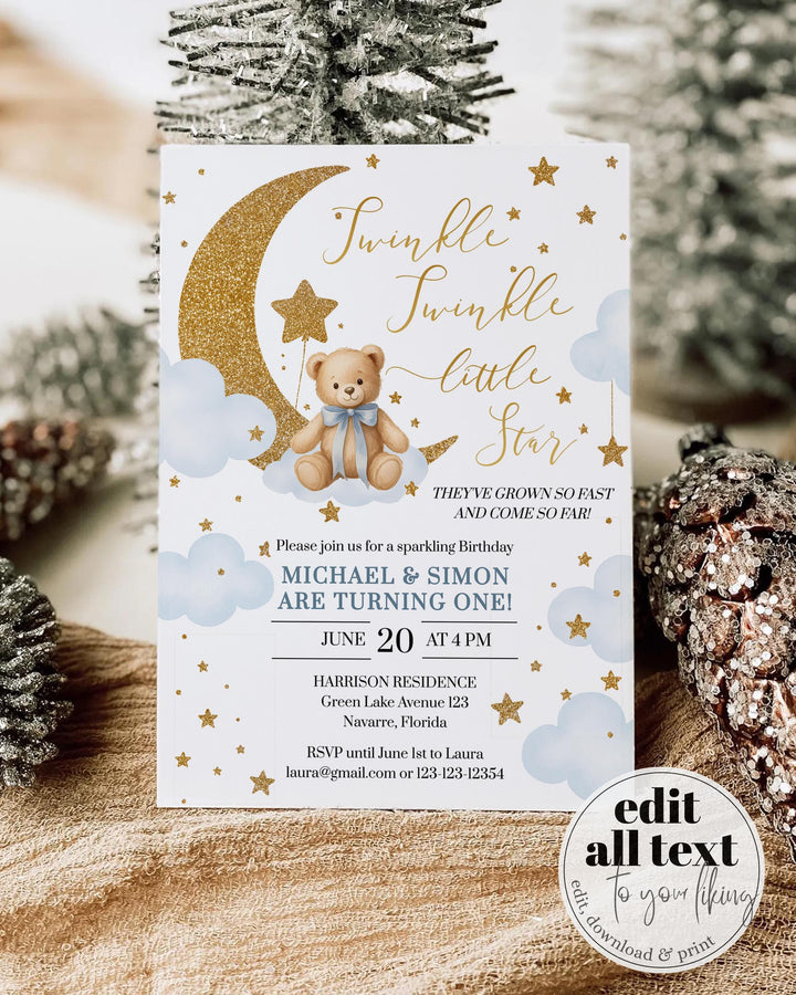 Twinkle Twinkle Little Star Twins Birthday Invitation Template for Boys Blue First Birthday Invite with Teddy Bear #066 - TheLovebirdsDesign