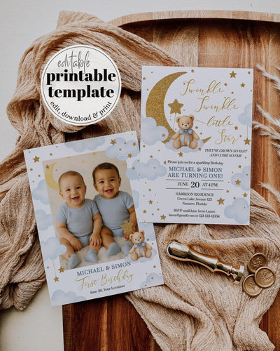 Twinkle Twinkle Little Star Twins Birthday Invitation Template for Boys Blue First Birthday Invite with Teddy Bear #066 - TheLovebirdsDesign