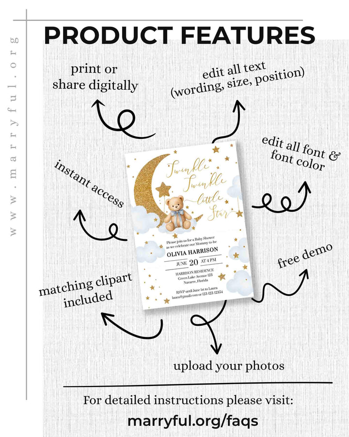 Twinkle Twinkle Little Star Twins Birthday Invitation Template for Boys Blue First Birthday Invite with Teddy Bear #066 - TheLovebirdsDesign