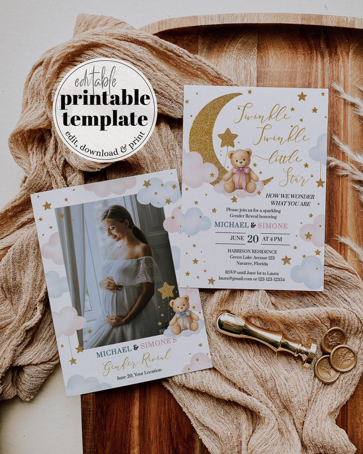 Twinkle Twinkle Little Star Gender Reveal Invitation Template Pink and Blue We are over the Moon Baby Invite with Teddy Bear #066 - TheLovebirdsDesign