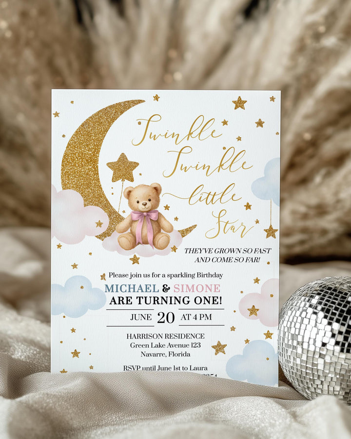 Twinkle Twinkle Little Star Twins First Birthday Invitation Template Pink and Blue We are over the Moon Baby Invite with Teddy Bear #066 - TheLovebirdsDesign