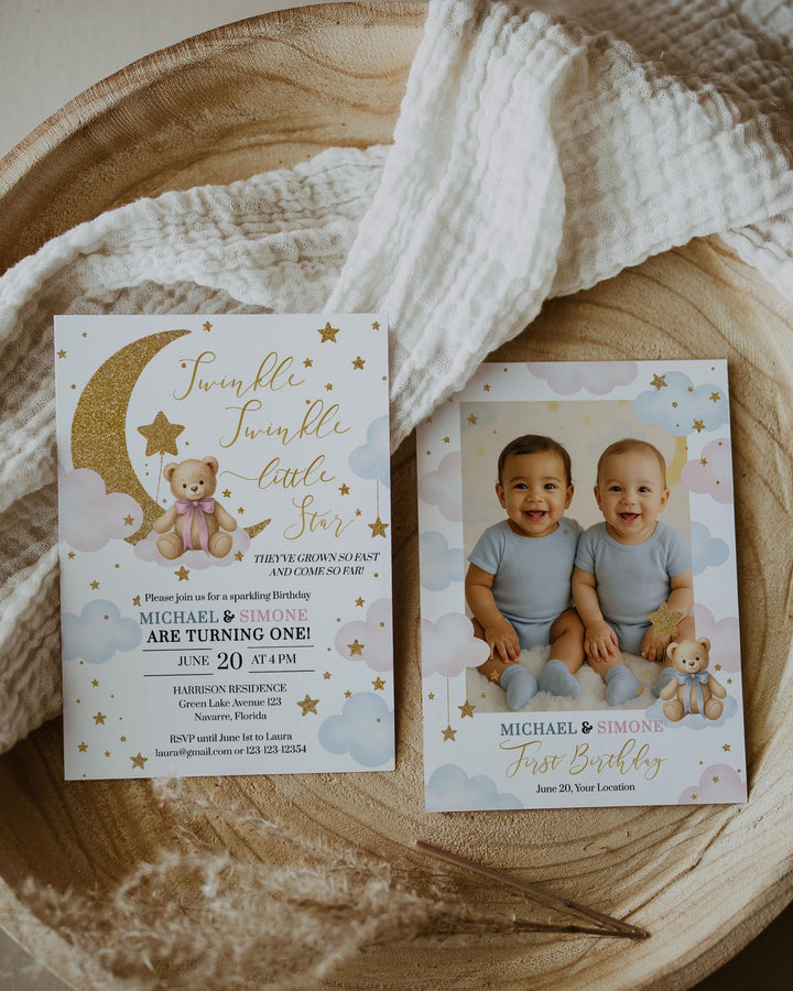 Twinkle Twinkle Little Star Twins First Birthday Invitation Template Pink and Blue We are over the Moon Baby Invite with Teddy Bear #066 - TheLovebirdsDesign