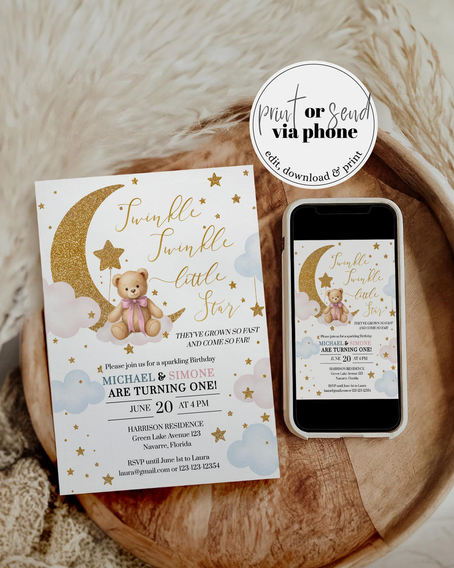 Twins First Birthday Invitation Template, Celestial Teddy Bear Moon Stars, Digital Download 061CE-BINV - marryful.org