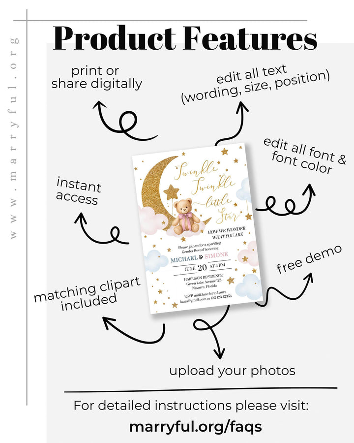 Twinkle Twinkle Little Star Gender Reveal Invitation Template Pink and Blue We are over the Moon Baby Invite with Teddy Bear #066 - TheLovebirdsDesign